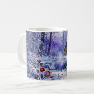 Taza De Café Cabaña encantada nevada con puente y brillo