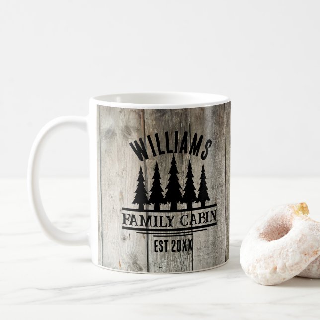 Taza De Café Cabaña Familiar Personalizada Bosque Rústico Nombr (Con donut)