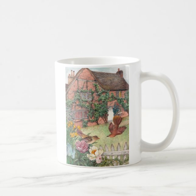 Taza De Café Cabaña ilustrada de Cotswolds con el pájaro (Derecha)