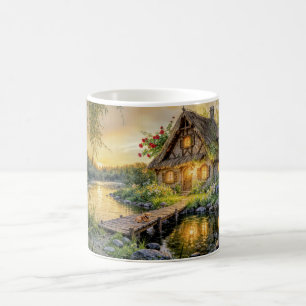 Taza De Café Cabaña junto al río al atardecer con perro en el p