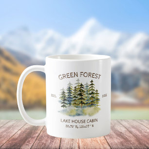 Taza De Café Cabaña Lodge de bosque verde brumoso vintage acuar