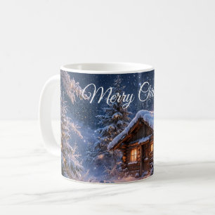 Taza De Café Cabaña Mágica de Noche de Invierno en el Bosque