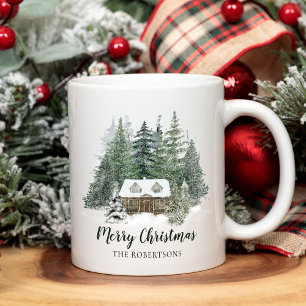 Taza De Café Cabaña rústica de Navidad en el bosque