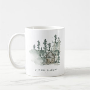 Taza De Café Cabaña Rústica Verde Bosque Navidad Personalizada