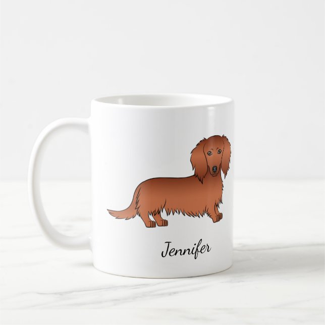 Taza De Café Cabello largo rojo Dachshund Cute Cartog Perro y n (Izquierda)