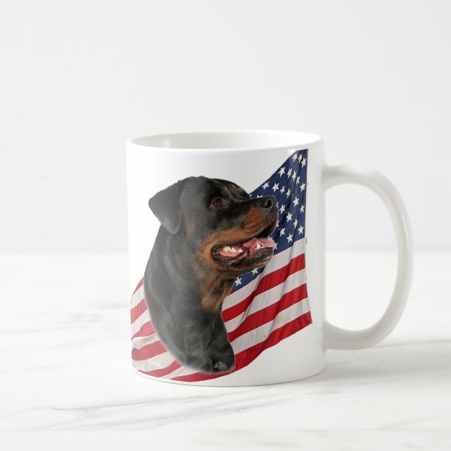 Taza De Café Cabeza de Rottweiler y bandera americana (Derecha)