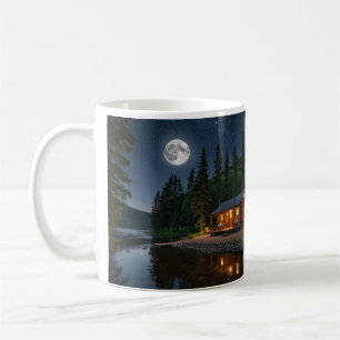 Taza De Café Cabina en el bosque por la noche