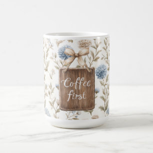 Taza De Café Cacao Marrón Crema Flores Azules Café Primero
