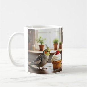 Taza De Café Cacatúa con un pastelito de fresa Amante de las av