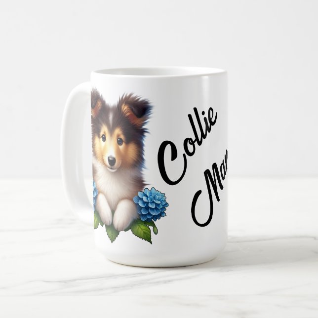 Taza De Café Cachorro adorable con flores azules Collie Mama (Anverso izquierdo)