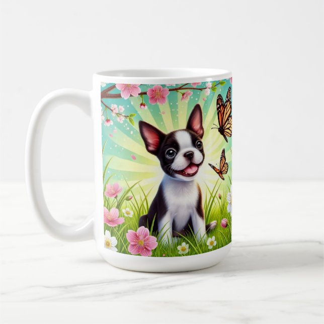 Taza De Café Cachorro Adorable con Flores y Mariposas (Izquierda)
