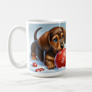 Taza De Café Cachorro adorable de raza Dachshund jugando con un