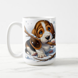 Taza De Café Cachorro Adorable Sosteniendo un Palo Nevado