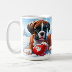 Taza De Café Cachorro Boxer Jugando en la Nieve con una Pelota