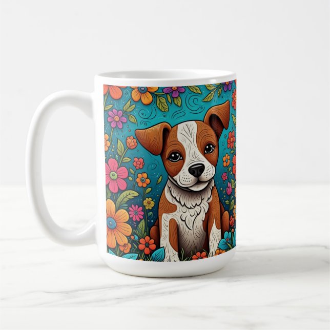 Taza De Café Cachorro con flores de arte folclórico caprichosas (Izquierda)