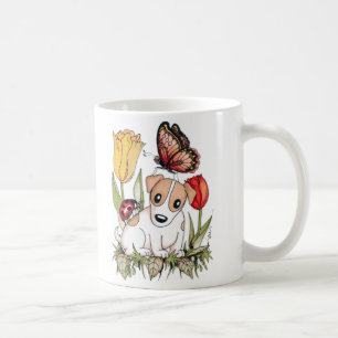 Taza De Café Cachorro con mariposa, insecto de labio y tulipane