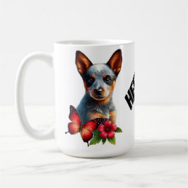 Taza De Café Cachorro curado con mariposa y flor
