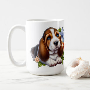 Taza De Café Cachorro de Basset Hound Lindo Sentado con Flores