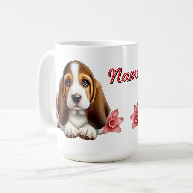 Taza De Café Cachorro de Basset Hound Personalizado con Flores (Anverso izquierdo)