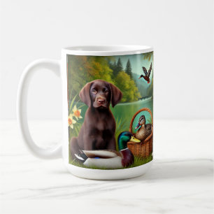 Taza De Café Cachorro de Labrador de Chocolate junto a un Lago 