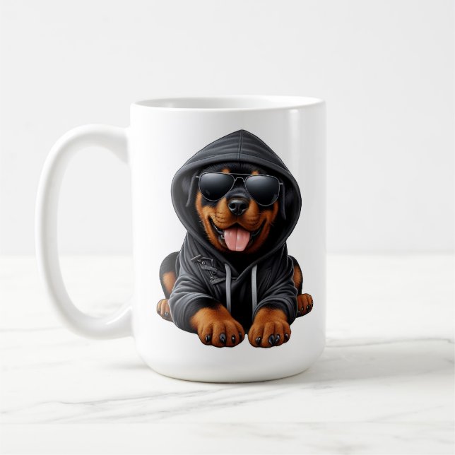 Taza De Café Cachorro de Rottweiler en sudadera encapuchada (Izquierda)