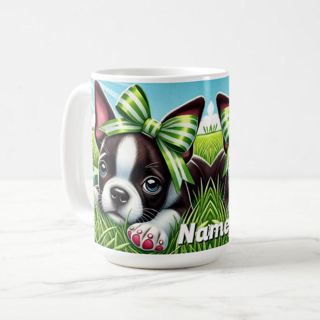 Taza De Café Cachorro del terror Boston personalizado con arco  (Anverso izquierdo)