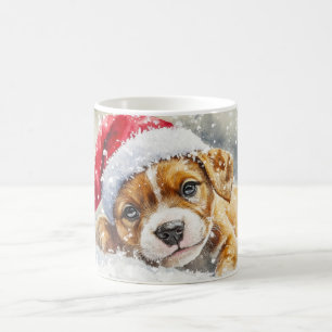 Taza De Café Cachorro jugando con Santa Hat - acuarela