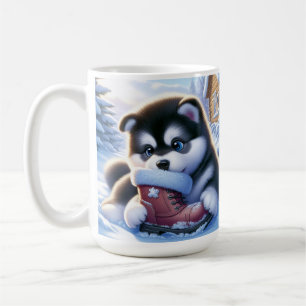 Taza De Café Cachorro jugando con una bota de invierno cubierta
