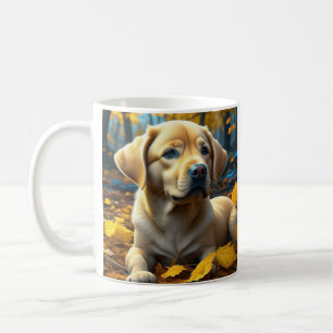 Taza De Café Cachorro jugando en hojas de otoño  