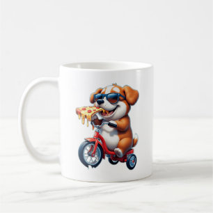 Taza De Café cachorro montando una bicicleta comiendo pizza