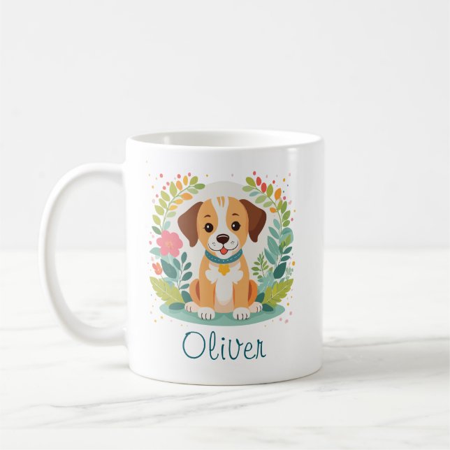 Taza De Café Cachorro Perrito Floral Bonito  (Izquierda)