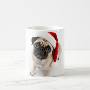 Taza De Café Cachorro Pug Ciervo Navideño Gorro de Santa Ojos d