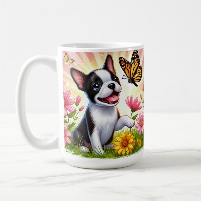 Taza De Café Cachorro Terrier De Boston Jugando Con Mariposa (Izquierda)