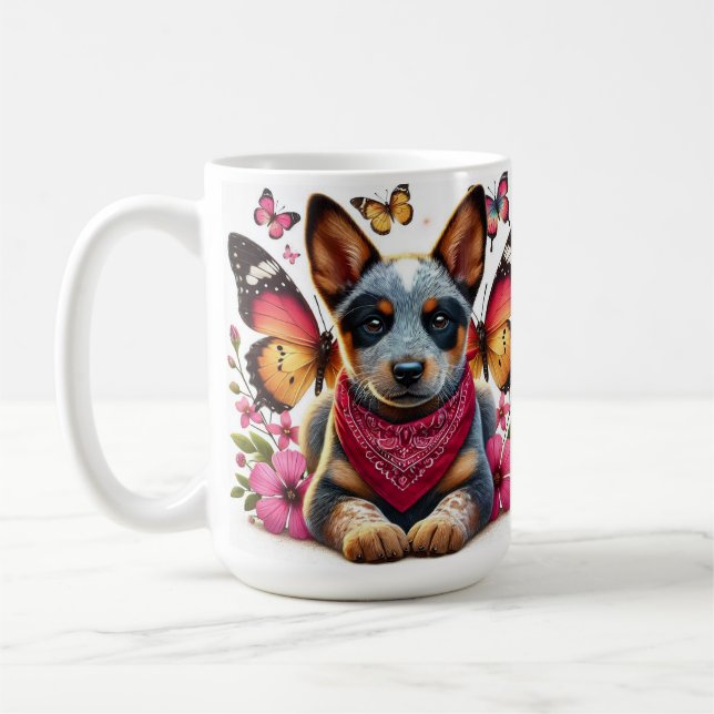Taza De Café Cachorros curados rodeados de mariposas y flores (Izquierda)