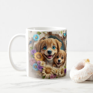 Taza De Café Cachorros de la madre rodeados de flores coloridas