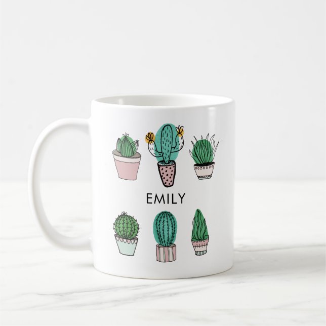 Taza De Café Cacti suculents ilustracion nombre personalizado (Izquierda)