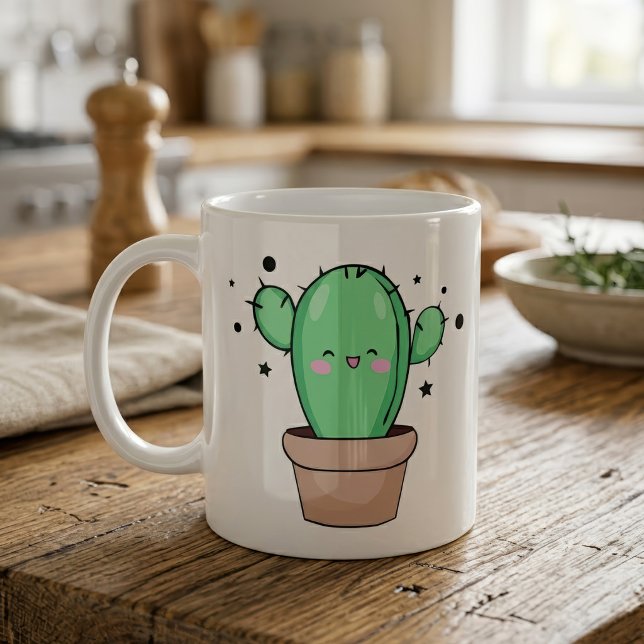 Taza De Café Cactus bebé Kawaii sonriente en jarrón con estrell (Cute smiling Kawaii Baby Cactus in vase with stars. Coffee Mug)