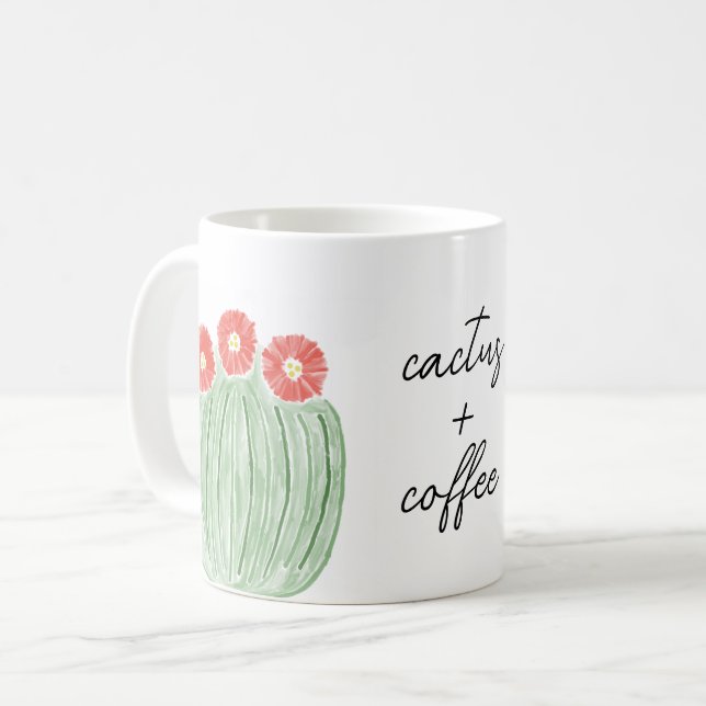 Taza De Café Cactus de barril de flor roja más acuarela de café (Anverso izquierdo)