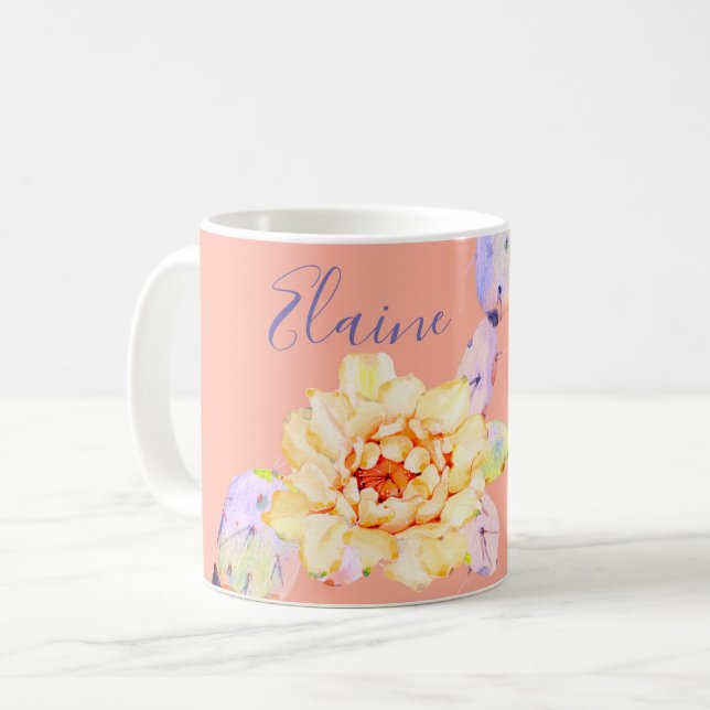 Taza De Café Cactus flor del desierto acuarela púrpura melocotó (Anverso izquierdo)
