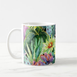 Taza De Café Cactus floreciente, acuarela patrón sin fisuras.