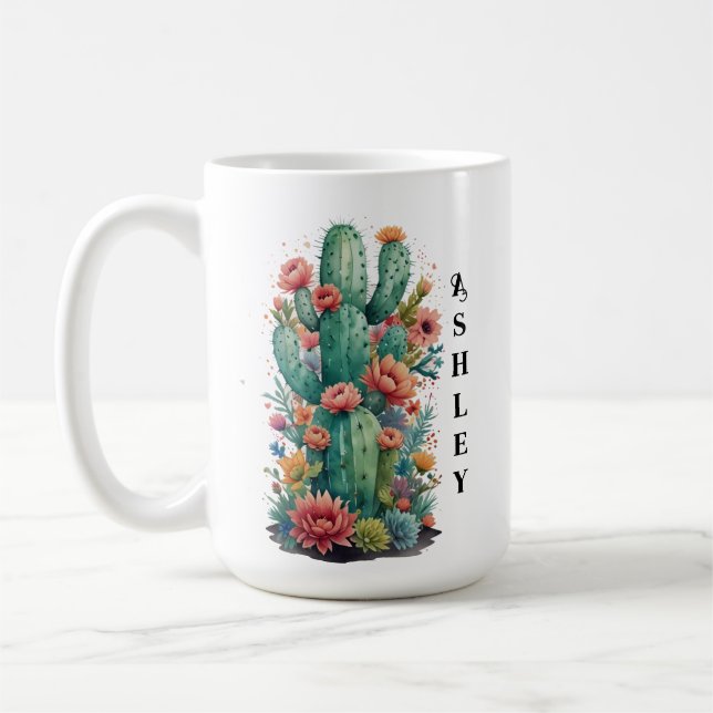 Taza De Café Cactus Green Succulum Watercolor Personalizado Nam (Izquierda)