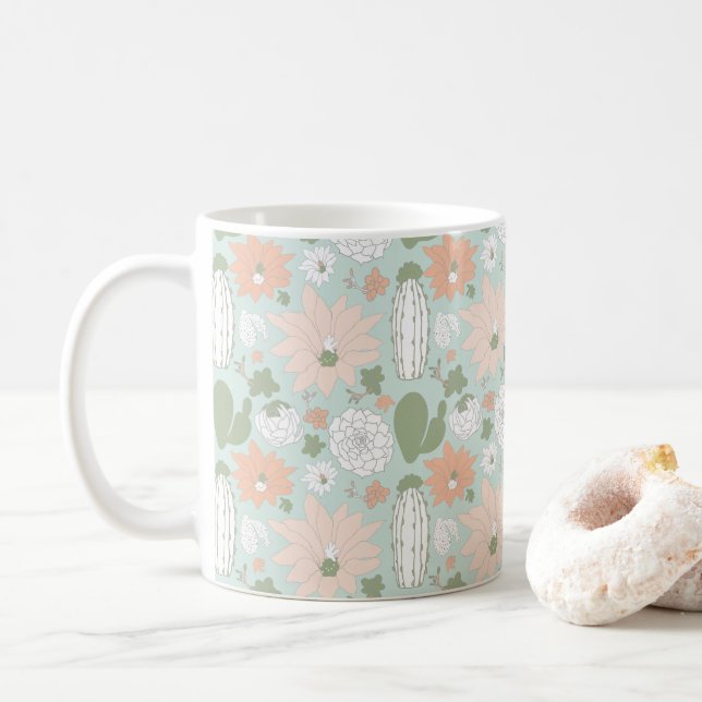 Taza De Café Cactus Succulent Fun Peach Mint Floral (Con donut)