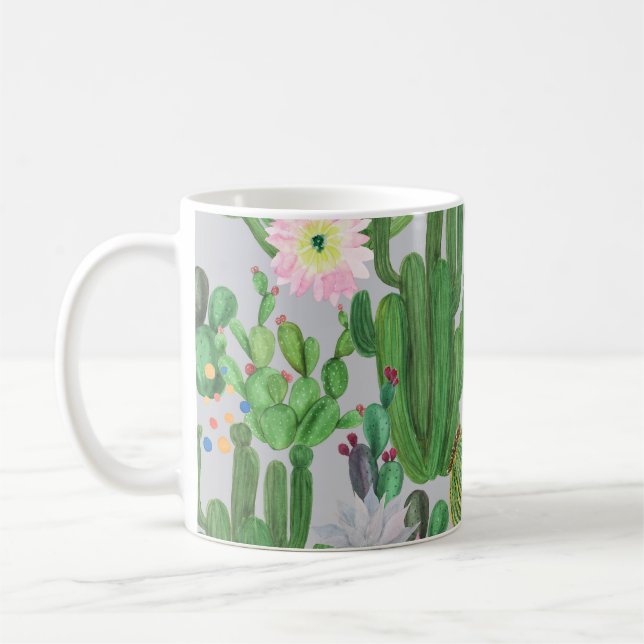 Taza De Café Cactus y flores, pintura acuarela sin costura. (Izquierda)