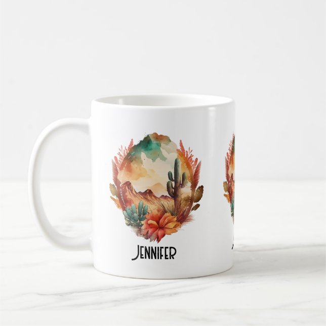Taza De Café Cactus y montañas del desierto acuarela (Izquierda)