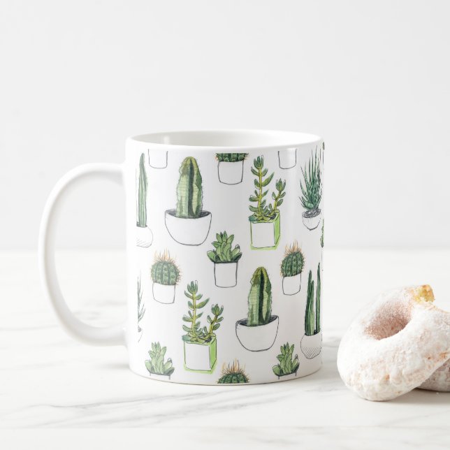 Taza De Café Cactus y Succulent de Acuarela (Con donut)