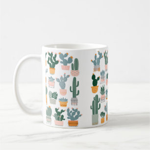 Taza De Café Cactus y suculentos en macetas con fondo blanco.