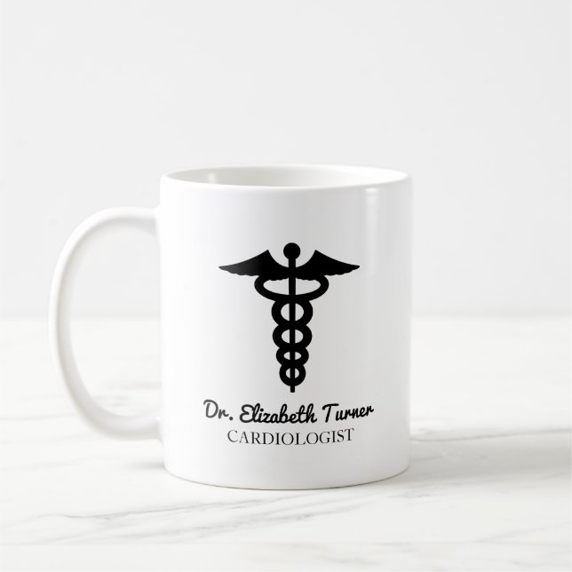 Taza De Café Caduceus Médica de nombre personalizado blanco mín (Izquierda)