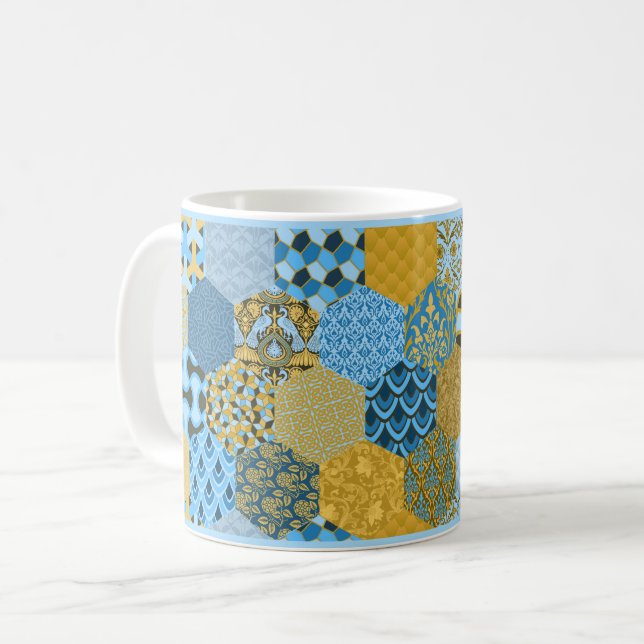 Taza De Café Café azul y amarillo parchwork Mug (Anverso izquierdo)