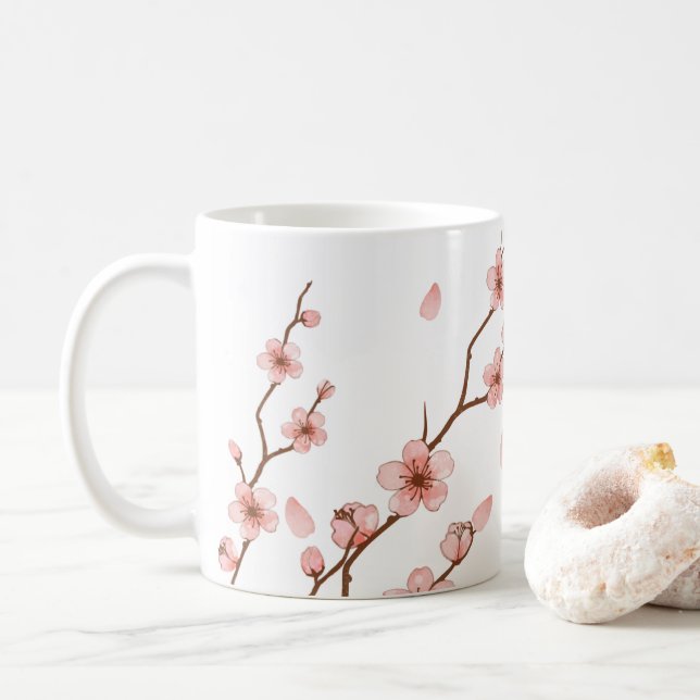 Taza De Café Café con flores de cerezo rosa (Con donut)