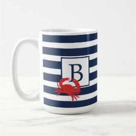 Taza De Café Café con Monograma de Cangrejo Rojo Rayas Azul Mar